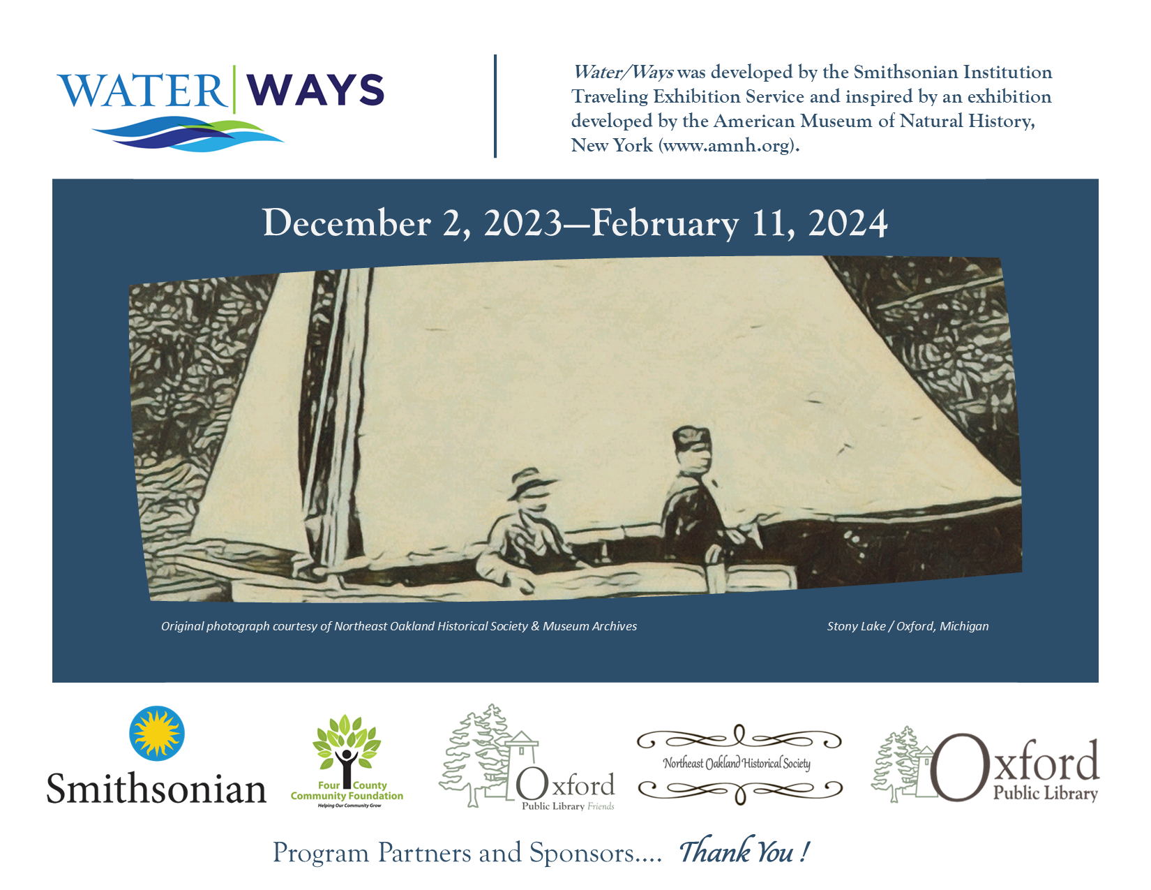Water Ways graphic that reads "Water/Ways was developed by the Smithsonian Institution Traveling Exhibition Service and inspired by an exhibition developed by the American Museum of Natural History, New York (www.amnh.org). December 2, 2023—February 11, 2024 Oxford Public Library (MI) 530 Pontiac Street"