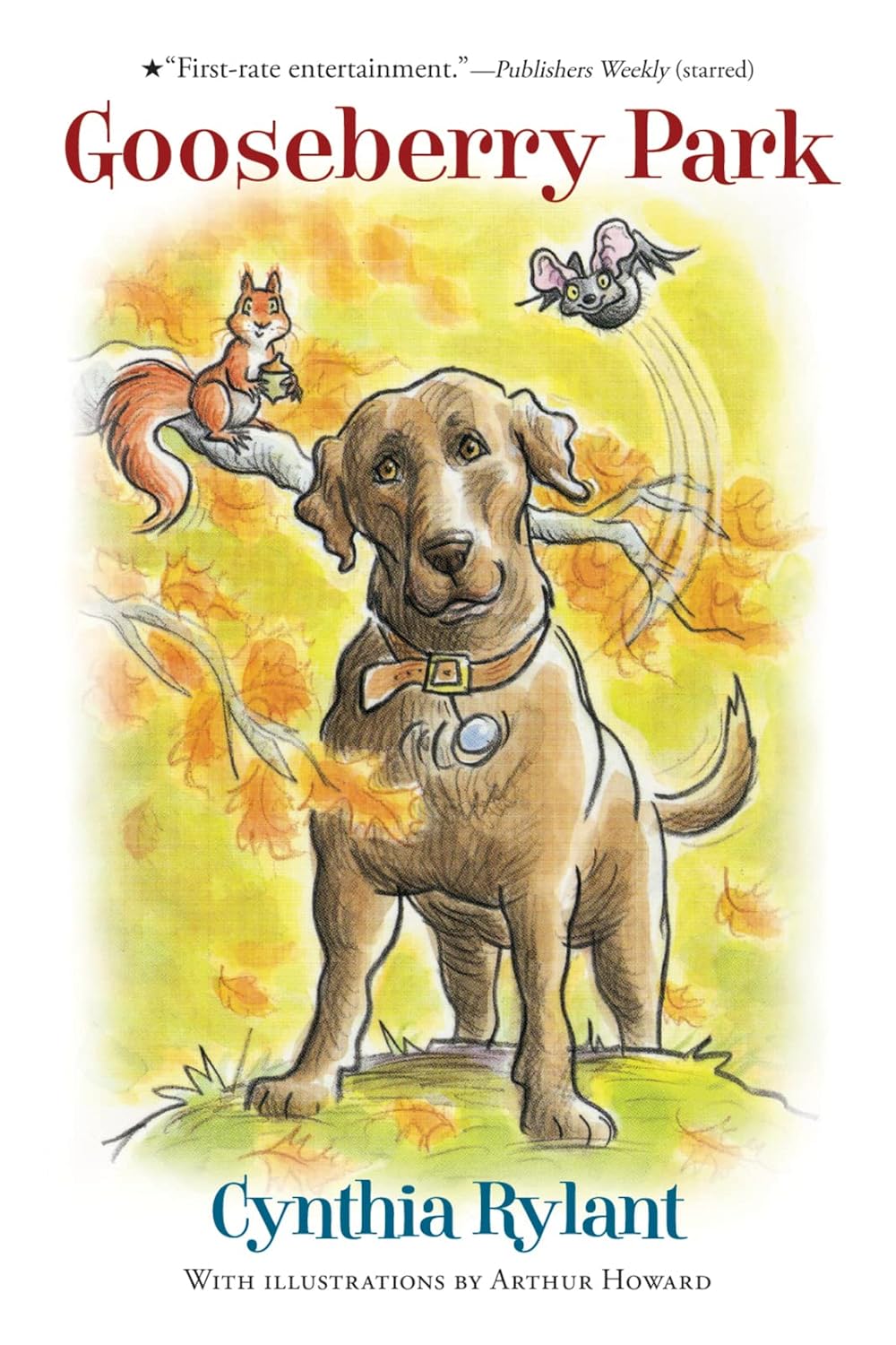 Golden Dog is standing on grass with a squirrel above on a tree branch and a bat flying in the air.