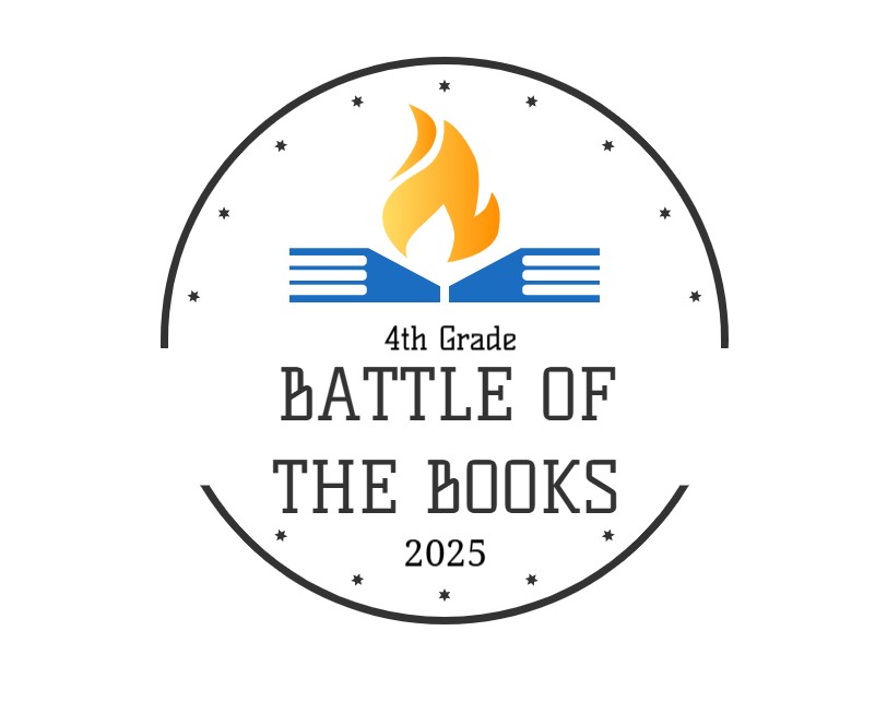 Two blue books with a flame coming out of the middle. 4th Grade Battle of the Books 2025 is written below.