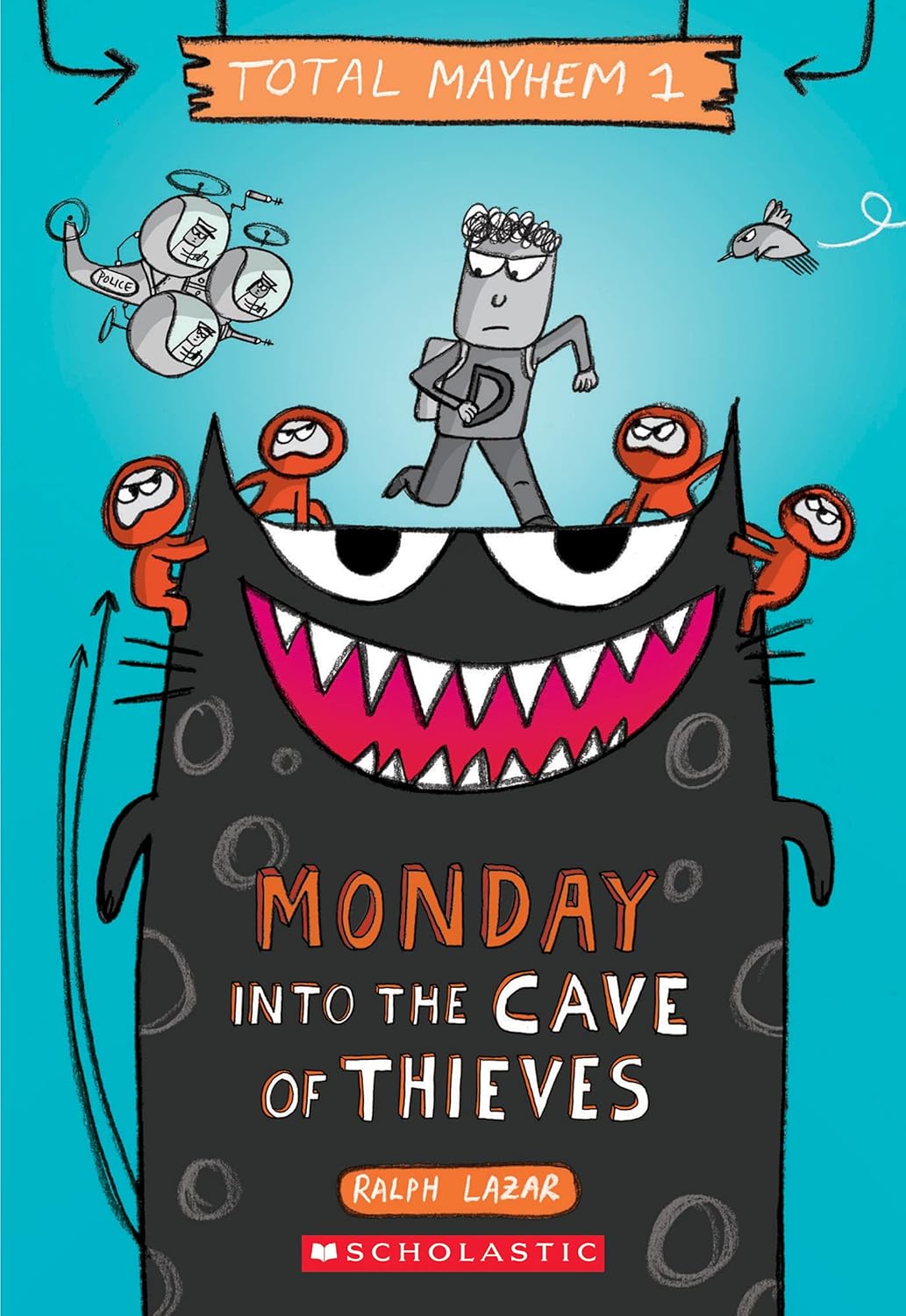 Black two tailed devil cat grinning with four orange scallywags on his ears and a boy standing on top running away