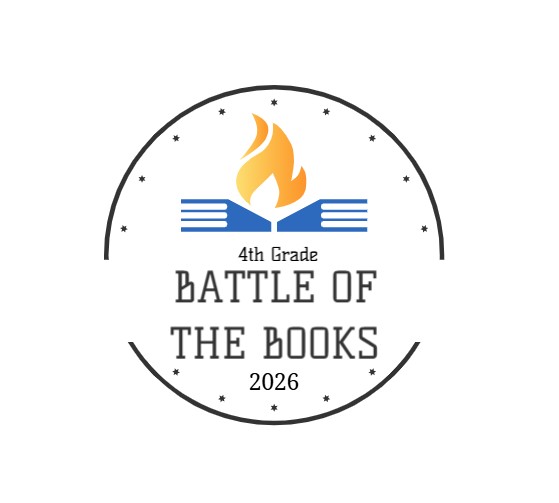 Circle with two blue books side by side with a yellow flame coming out of them. The 