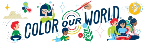 Color Your World is written in blue with illustrated children around the edge.