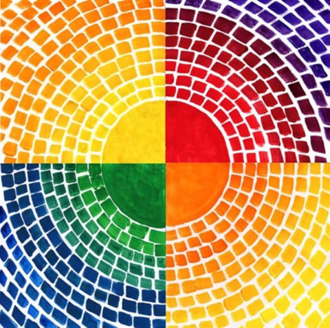 A square mosaic artwork with four squares behind and circles overlaid on top.