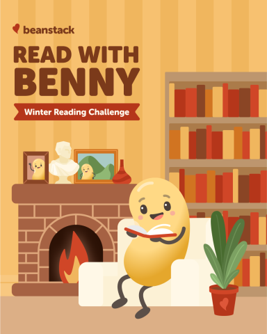 A yellow cartoon bean sitting in a white chair reading a book. Background is a fireplace with a bookshelf.