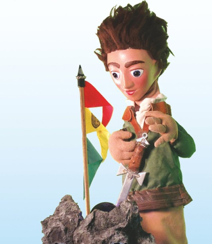 Puppet with brown hair pulling a sword from a stone