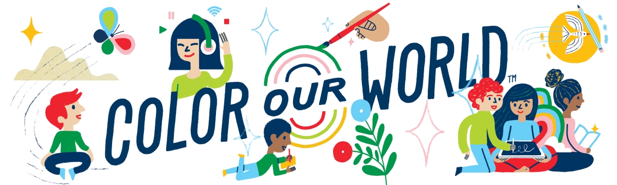 Color Your World is written in blue with illustrated children around the edge.